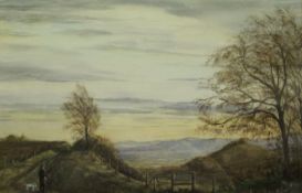 ALAN ENGLAND "Cotswold Way at Uley Bury", a landscape study with figure and dog in foreground,
