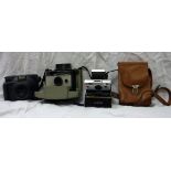 A Fuji Instax instant camera and two film packs, a Polaroid 103 instant land camera,