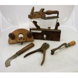 A box of various woodworking tools including bullnose plane (probably Marple & Sons),