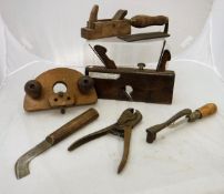 A box of various woodworking tools including bullnose plane (probably Marple & Sons),