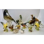 A collection of various bird ornaments including Karl Ens figure of an "Avocet",