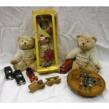 Two boxes of various games and toys to include model vehicles, vintage solitaire set, marbles,