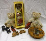 Two boxes of various games and toys to include model vehicles, vintage solitaire set, marbles,