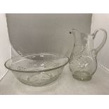 An early 20th Century cut glass toilet jug and bowl together with two hand coloured engravings "A