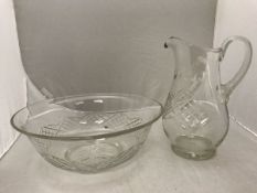 An early 20th Century cut glass toilet jug and bowl together with two hand coloured engravings "A