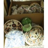 Two boxes of assorted decorative china wares to include Mason style plates etc