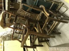 A collection of five various seat frames together with a nursing chair and three various dining