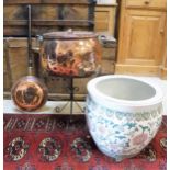 A Victorian oval copper lidded cooking vessel and a 19th Century copper warming pan (handle cut