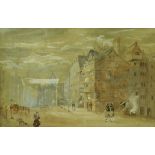 19TH CENTURY "Town scene with townsfolk and guards to the foreground", watercolour,