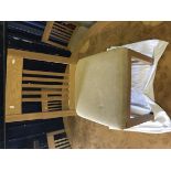 A set of ten modern oak framed slat back dining chairs with suede upholstery