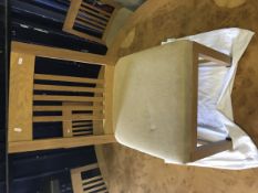 A set of ten modern oak framed slat back dining chairs with suede upholstery