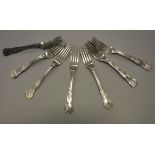 A set of seven silver "King's" pattern dessert forks (by Jonathon Round, Sheffield 1902),