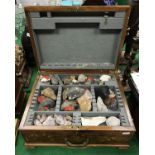 A walnut canteen containing various geological specimens including calcite, red sandstone, agate,