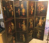 A 19th Century Continental painted four fold screen decorated in oils with twelve panels of figures