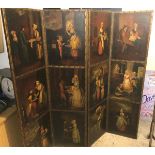 A 19th Century Continental painted four fold screen decorated in oils with twelve panels of figures