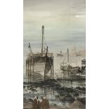 TAHA EL GAMAL "Fishing Boats on Shoreline with Figures in Foreground", watercolour,