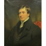 EARLY 19TH CENTURY ENGLISH SCHOOL IN THE MANNER OF SIR HENRY RAEBURN "Gentleman seated with white