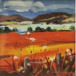 JUDITH BRIDGLAND "Study of red fields" oil on board inscribed on Thompson's Gallery label together