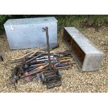 A large Acorn galvanised lidded feed bin together with a galvanised feeding trough and assorted