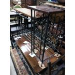 A modern wooden topped iron based wine rack with similar occasional table and coffee table