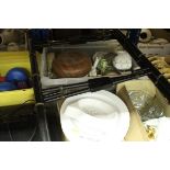 A collection of miscellaneous items to include a Tollware style tray top table, dumbbells,