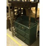An iron bound military trunk together with a Victorian pine single drawer side table,