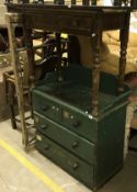 An iron bound military trunk together with a Victorian pine single drawer side table,