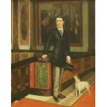 SCHROETEN "Figure study of a gentleman holding cane and top hat with dog by his side" oil on canvas,