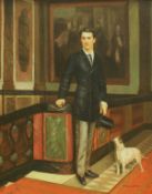 SCHROETEN "Figure study of a gentleman holding cane and top hat with dog by his side" oil on canvas,