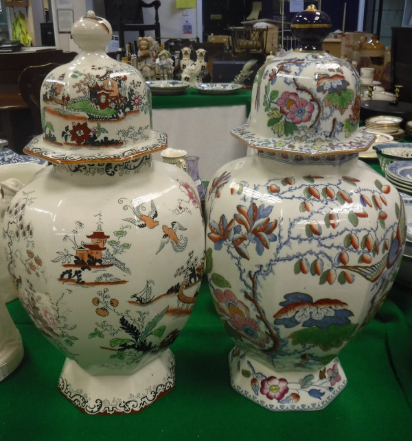 A Mason's ironstone fruiting tree decorated octagonal baluster shaped vase and cover,