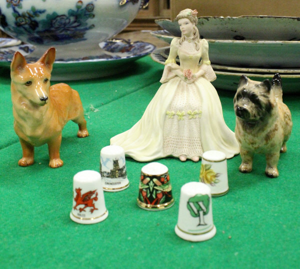 A box of various china wares to include Adderley floral Corgi, Beswick "Terrier",