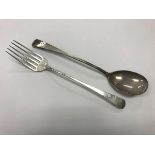 A pair of Georgian silver "Old English" pattern serving spoon and fork (maker's mark rubbed,
