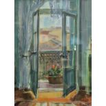 SUE WALES "French windows" an interior study looking out across rooftops,