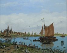 LESLIE REED "Dutch Estuary Scene with Figures on Quayside in Foreground", oil on canvas,