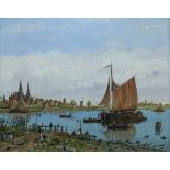 LESLIE REED "Dutch Estuary Scene with Figures on Quayside in Foreground", oil on canvas,