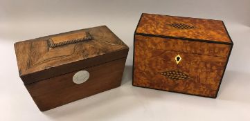 A burr walnut and parquetry inlaid two section tea caddy (with Mark Sullivan of London invoice date