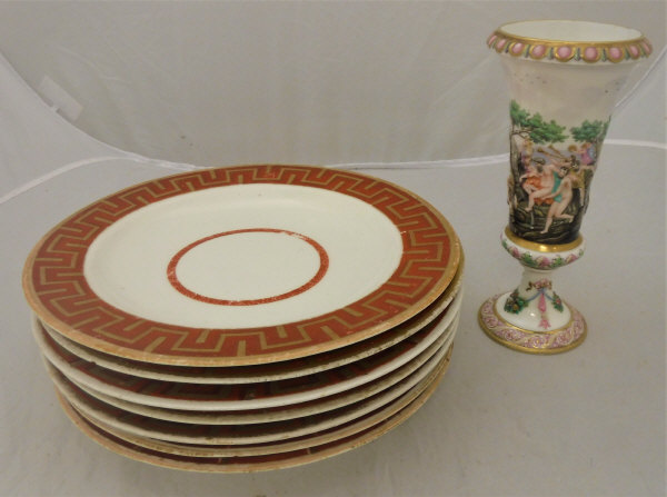 A set of seven late 18th Century Derby Greek key border shallow bowls or plates in gilt on oxide