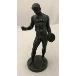 A circa 1900 patinated bronze study of "The discus thrower" on a circular stepped base