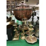 A 19th Century copper and brass samovar in the Regence style together with three pairs of brass