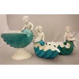 A pair of late 19th Century Derby turquoise and white glazed figural shell bowls (1877-90) and a