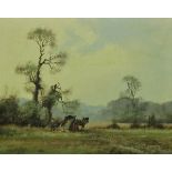 JAMES WRIGHT "Emptying of the Hay Carts", study of a horse and cart and drover, oil on board,