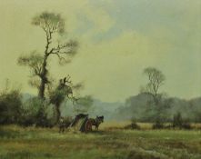 JAMES WRIGHT "Emptying of the Hay Carts", study of a horse and cart and drover, oil on board,