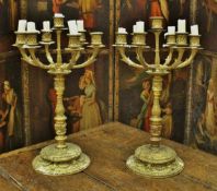 A pair of Victorian Elkington & Co gilt bronze (possibly ormolu) six branch seven light candelabra