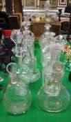 A collection of twelve decanters and ewers including one etched with insects playing billiards,