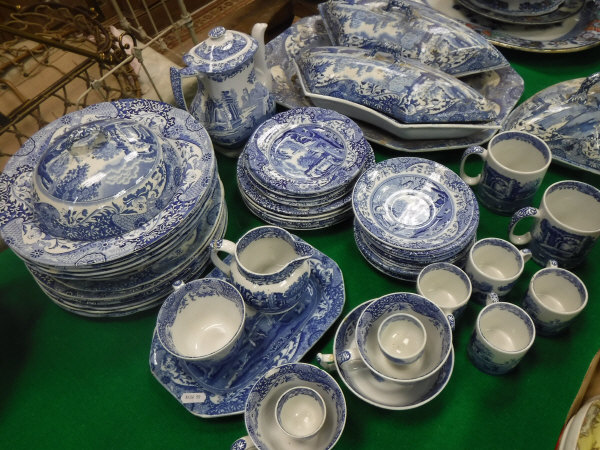 A collection of blue and white pottery tea and dinner wares including Spode's "Italian" and three