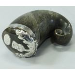 A Scottish curly horn snuff mull with white metal mounts as a thistle,