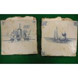 A collection of eleven Delft ware blue and white tiles, variously decorated with whale, ship,