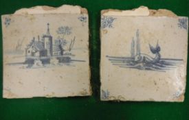 A collection of eleven Delft ware blue and white tiles, variously decorated with whale, ship,