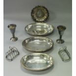 A box of assorted plated wares to include entree dish, toast rack, wine funnel, goblets, cutlery,