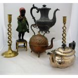 A box of various metal wares to include three copper kettles, three plated teapots, pewter wares,